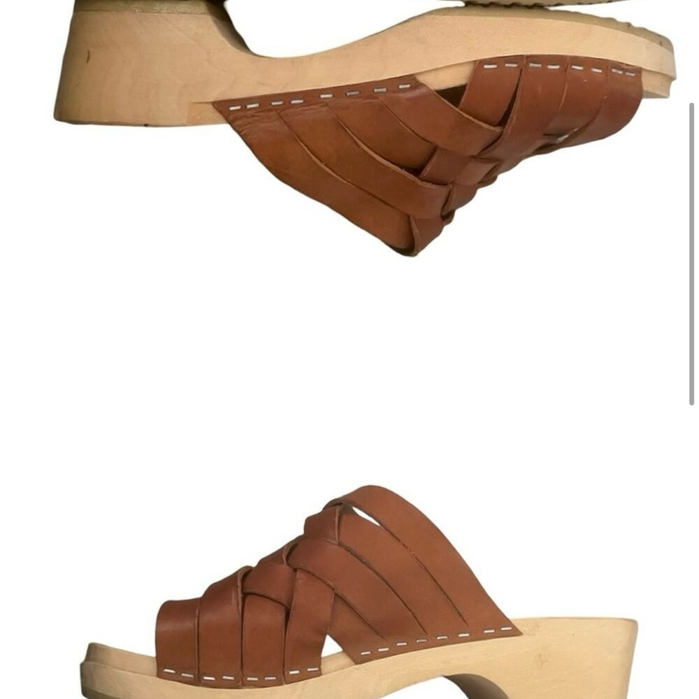 Swedish Hasbeens Tan Brown Woven Leather Clog Mules